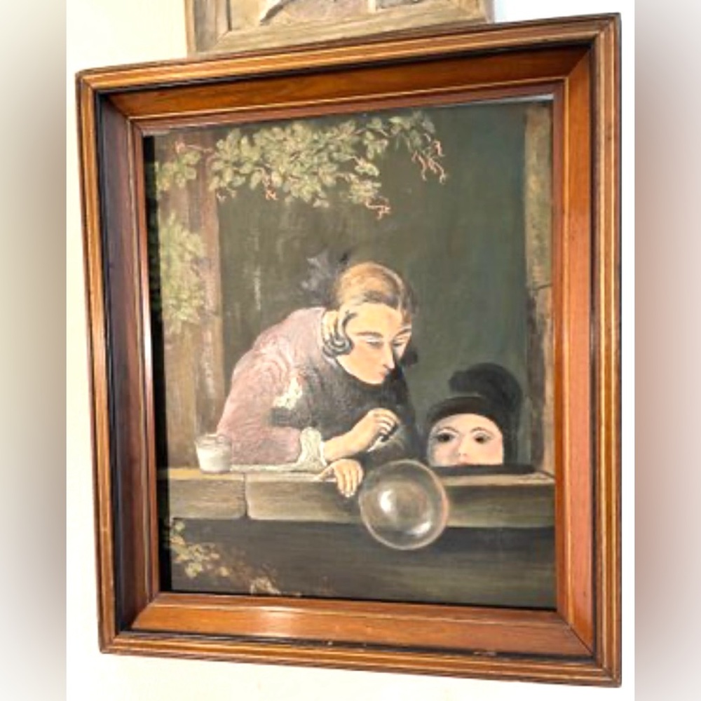 Antique Original Acrylic Painting Framed Art Dutch Golden Age Style Teacher OOAK